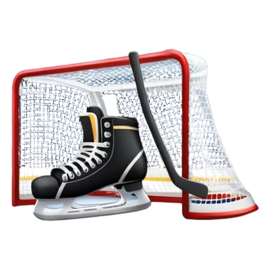 An icon showing a close-up of a hockey stick, puck, skates, and hockey net placed on the ice. The background features a packed stadium with bright lights, cheering fans, and snowy scenery outside. Transparent background highlights the key elements of the game. sticker