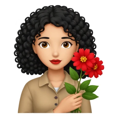 A girl with curly  black  hair and res flowers in her hands sticker