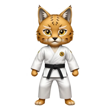 A karate lynx with brown fur, yellow eyes and a white karate suit sticker