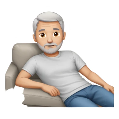 a 50 yo man short grey hair stubble beard laying on a ottoman of a light grey cord couch sticker