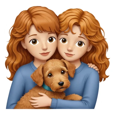 Woman with ginger wavy hair, curtain bangs and freckles hugging her wire haired Lakeland terrier dog sticker