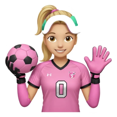 Make a dirty blonde football goalkeeper with goalkeeper gloves on holding a regular football. NOT AN AMERICAN FOOTBALK BALL. The girl is light skinned and wearing a light pink football. Wearing a ponytail with the dirty blonde. Make it without the whole body sticker