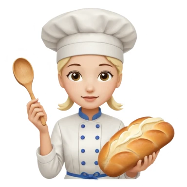 Young female baker - white chef hat, holding cream piping bag to milk oil on bread sticker