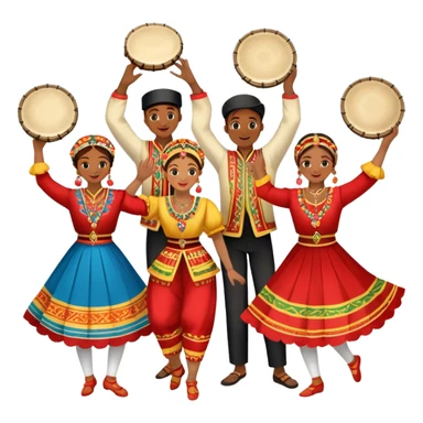 Icon for Folk Dance: a group of men and women 4-5 persons in vibrant national costumes, performing a traditional dance. Some dancers hold castanets and tambourines, capturing the energy and cultural heritage of folk dance. Transparent background. sticker