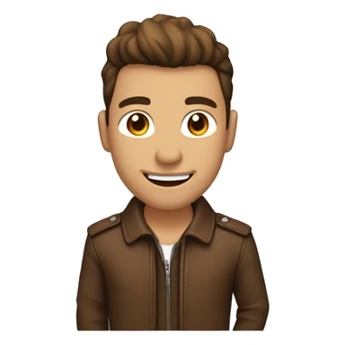 The handsome guy smiled, leaned to the right, wore a brown jacket and pointed his left hand to the upper left corner sticker