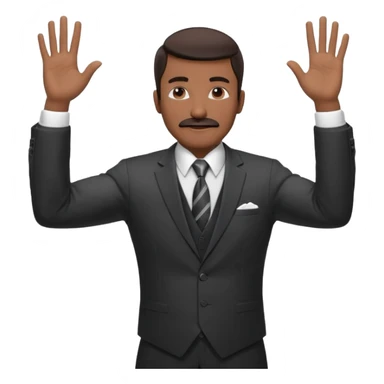 

“A confident man with medium-dark skin tone wearing a suit, tie, and vest, holding both hands up with fingers spread, making a ‘calm down’ or ‘I’m just saying’ gesture. His eyes are closed, and he has a mustache, giving a vibe of laid-back confidence or mock innocence. sticker