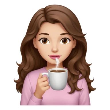 girl with wavy long brown hair, brown eyes, light to medium complexion, long lashes, light pink lipstick, wearing light pink shirt, sipping coffee sticker