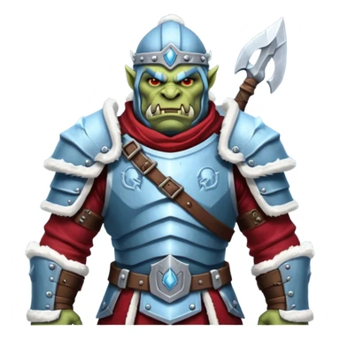 
Fantasy Christmas orc legion soldier icon, iron tundra army theme, heavy winter armor, disciplined brutal look, icy blue steel armor with deep crimson accents, frozen metal texture, cold winter atmosphere, male variant sticker