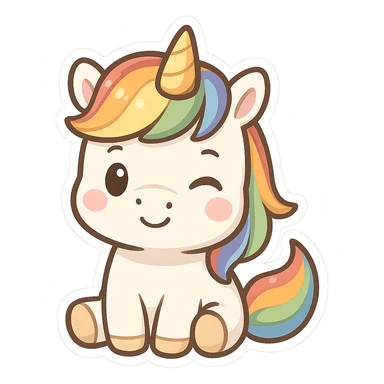 chibi unicorn with a rainbow mane, winking sticker