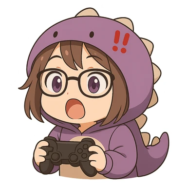 Chibi anime style gamer girl with glasses, brown hair, dark purple eyes, wearing a purple dinosaur costume, making a surprised emote, no background, same style as reference. sticker