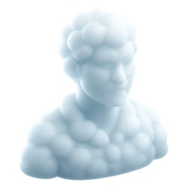 person looking straight, shoulders up, fully composed of white fluffy convex clouds, matte glass style, volumetric and soft clouds, no background sticker