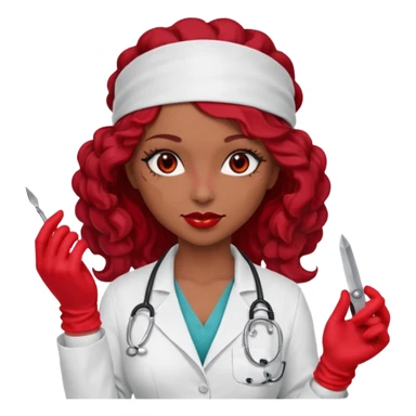Lilith scalpel in hand, evil surgeon sexy surgeon clothes.  She has red eyes. She brown long curly hair. Wears sexy doctor outfit with red gloves.hair is free and brown  Wears red bandana to hide  her mouth and nose sticker