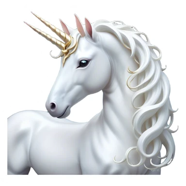 Beautiful and Majestic White Unicorn Portrait Emoji, Head and body exuding serene brilliance with a luminous, flowing mane and a gracefully spiraled horn, eyes gently closed in peaceful reverie, Simplified yet exquisitely enchanting features, highly detailed, glowing with a soft, celestial light, high shine, serene and utterly majestic, stylized with an air of timeless fantasy, soft glowing outline, capturing the essence of a beautiful and majestic white unicorn that embodies the pure magic of legend! sticker