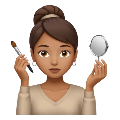 Draw a mixed-race girl applying makeup, wearing a clean girl blouse and with straight brown hair far away  sticker