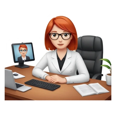 “Red-haired therapist on a video call, sitting in a calm home office, looking at the webcam, client visible on screen, professional yet warm atmosphere, realistic style.” sticker