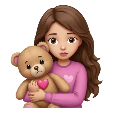 girl with long wavy brown hair, brown eyes, light to medium complexion, in a pink shirt, pink lips, long lashes, sad, hugging squeezing  a teddy bear with hearts sticker