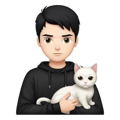 A bad boy with black hair wearing a sweatshirt holding a white cat sticker