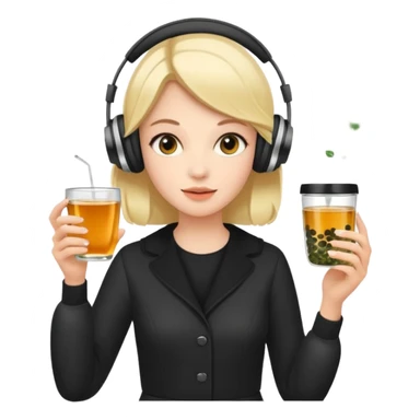 a young woman full length walks with headphones on with a caviar toast in one hand and herbal tea in the other hand sticker