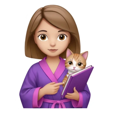 Девушка с короткими волосами до плеч русого цвета, с черными бровями, карие глаза, у неё фиолетовый халат, стоит в полный рост, в руках она держит розовую книгу, а возле ноги кот  sticker
