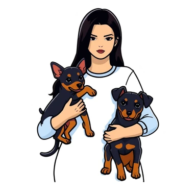 Kendall Jenner with long dark hair holds a Doberman Pinscher in her arms sticker
