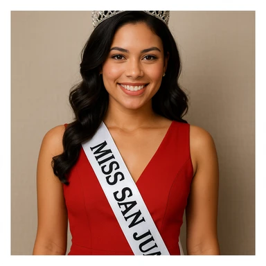 Add a white crossbody pageant ribbon that says 'Miss San Juan' in black letters. sticker