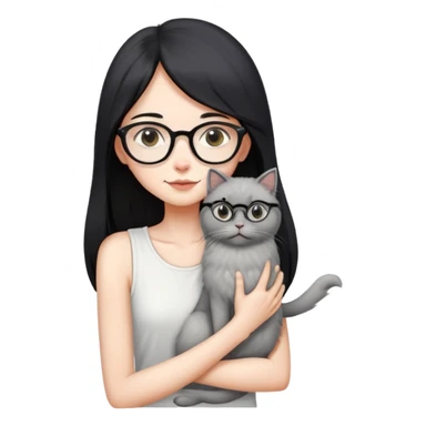 Skinny woman with oval glasses, long straight black hair, wearing white sleeveless top, hugging a grey Persian-Angora cat, plain background sticker