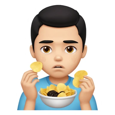 a PRETTY BRATZ boy with black hair, stuffing his face with chips and looking sad sticker