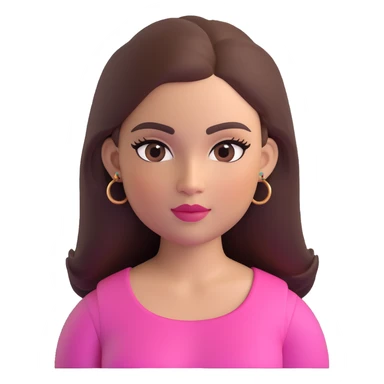 female memoji with oval face, warm light skin tone, rosy cheeks, elegant makeup with long eyelashes, defined eyeliner, light pink lips, long straight dark brown voluminous hair, arched eyebrows, dark brown eyes, colorful top, small visible tattoo on arm sticker