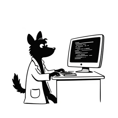 hand drawn doodle of dog computer scientist with a computer and lab coat sticker