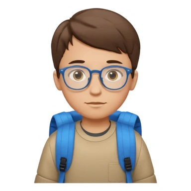 a boy with short brown hair and blue eyes, glasses, backpack sticker