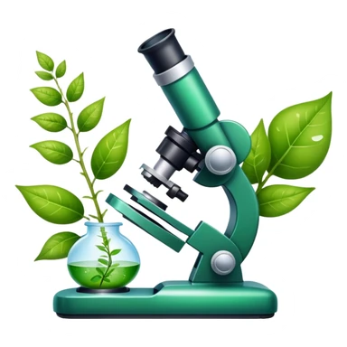 An icon featuring a microscope, a DNA strand, and a plant, symbolizing biology. The design includes animal cells, a leaf, and scientific formulas, representing the study of living organisms and ecosystems. Transparent background highlights biological research and discovery. sticker