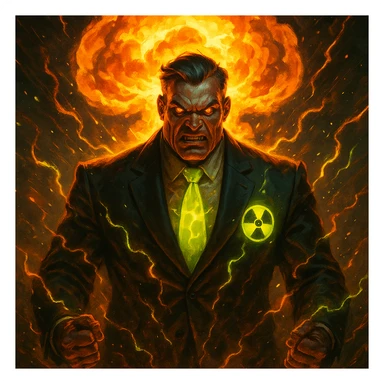 powerful boss character themed around a nuclear explosion, glowing radioactive elements, menacing expression, dramatic energy effects sticker
