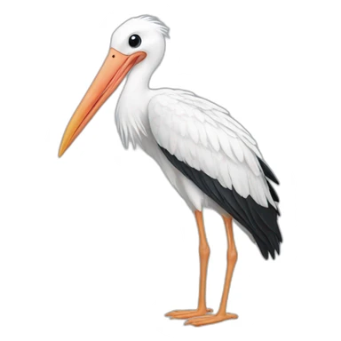  white stork. The stork is carrying a blue bundle of cloth in its beak that has a cute white baby face peeking out from it with black head sticker