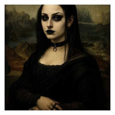 Mona Lisa reimagined as a goth, piercings, black nails, gothic vibe sticker