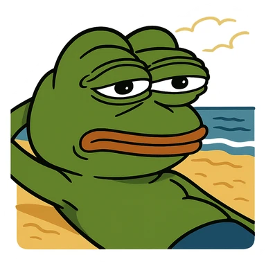 Pepe the Frog lying on the beach, transparent background, PNG sticker