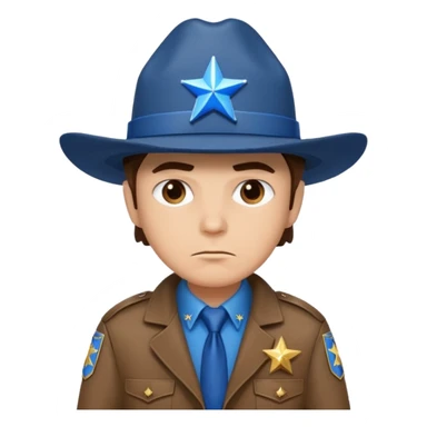 Sheriff with shiny blue star badge, brown jacket and blue hat sticker
