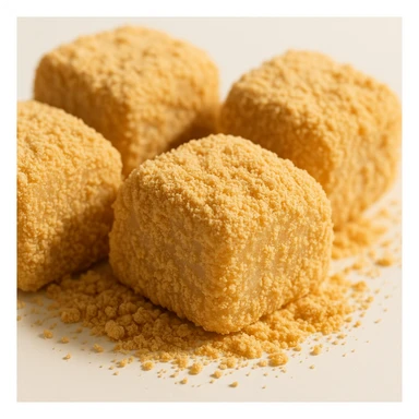 close-up of injeolmi rice cakes, roasted soybean powder, soft chewy texture, isolated on white, warm natural lighting sticker