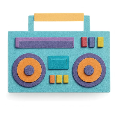 modern boombox with simple shapes and playful colors, paper-craft style sticker