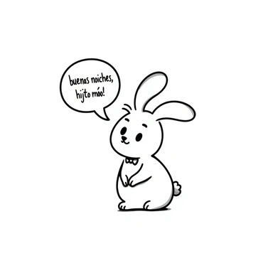 A cute rabbit saying "buenas noches, hijito mío!" in a speech bubble. The rabbit looks loving and gentle, like a parent saying goodnight to a child. sticker