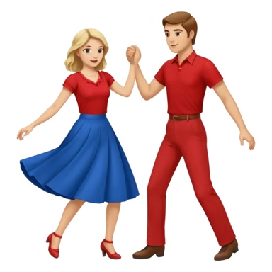 Two people. Man in red shirt and  red pants with brown hair. Women in blue shirt and long skirt with blond hair. Swing Dancing sticker