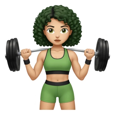 woman with olive skin and curly black hair wearing a green workout outfit (shorts) and lifting weights sticker