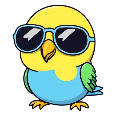 A budgie wearing sunglasses with a disdainful expression sticker