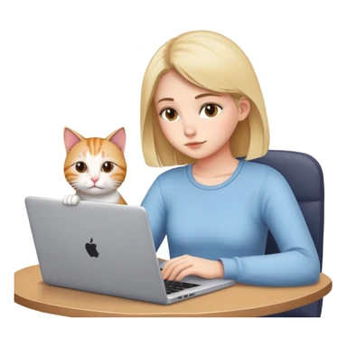 A girl is working hard on a laptop with a cat next to it sticker