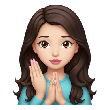 girl with wavy long glamorous dark brown hair, brown eyes, light to medium complexion, long lashes, light pink lipstick, praying sticker