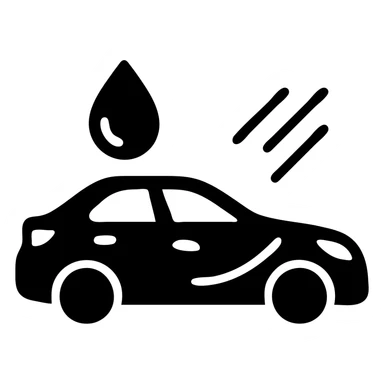 solid icon of a full luxury vehicle with glossy black mirror paint, strong shine and reflections, water droplet sliding on the surface, minimal repellent effect with lines, elegant and minimal sticker