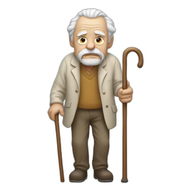 Old man leaning on a walking cane holding his back with his hand grumpy face, detailed sticker
