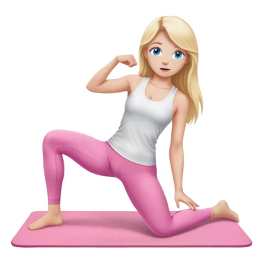 A cinematically realistic blonde with long hair and blue eyes, dressed in a white top and pink leggings, performs a realistic athletic exercise on a mat. sticker