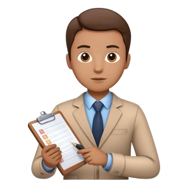 A person holding a checklist and pen is wearing smart casual clothing. The character is in a focused pose sticker