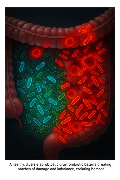 Scientific visualization of a man's intestinal lining. A healthy, diverse garden of glowing blue and green probiotic bacteria is being overtaken and outnumbered by aggressive, inflammatory red and orange pathogenic bacteria, creating patches of damage and imbalance. Dark, clinical background. sticker