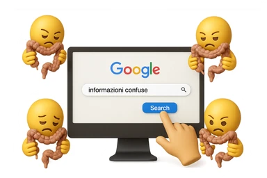 SCHERMO DI PC CON LA SCRITTA "informazioni confuse" SULLA BARRA DI RICERCA GOOGLE SULLO SCHERMO E IL CLICK DEL MOUSE SULLA SCRITTA CERCA, stile emoji iphone fluttuano in aria stringendo in mano un pezzo di colon intestinale, iperrealistico 4k sticker